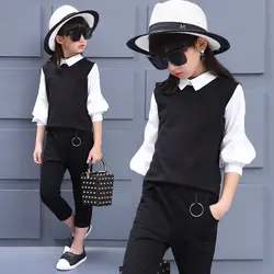 Комплекты одежды для подростков, девочек 2018 Демисезонный черный белая блузка + Брюки для девочек 2 шт. костюм Футболки для маленьких девочек