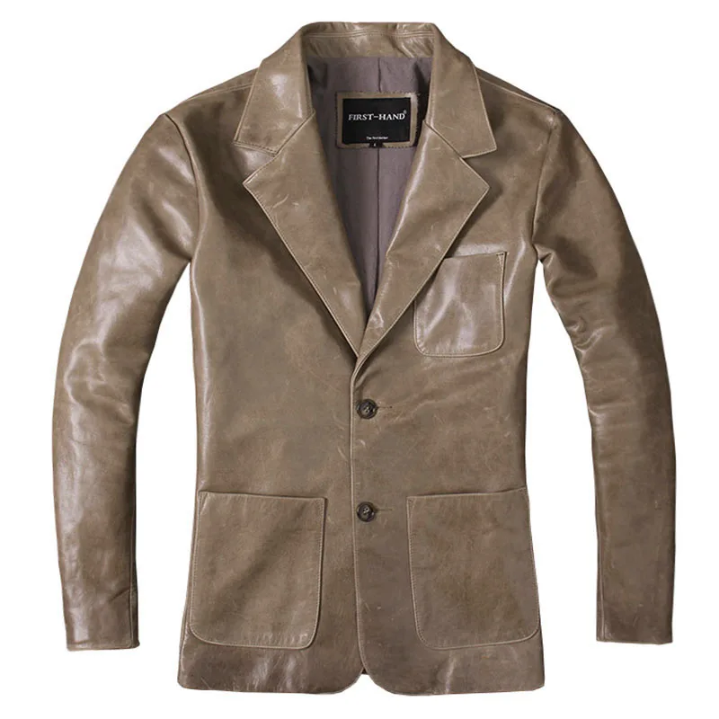

HARLEY-DAMSON Retro Khaki Men Leather Jacket Single Breasted Plus Size XXXL Genuine Cowhide Spring Slim Fit Casual Leather Suit