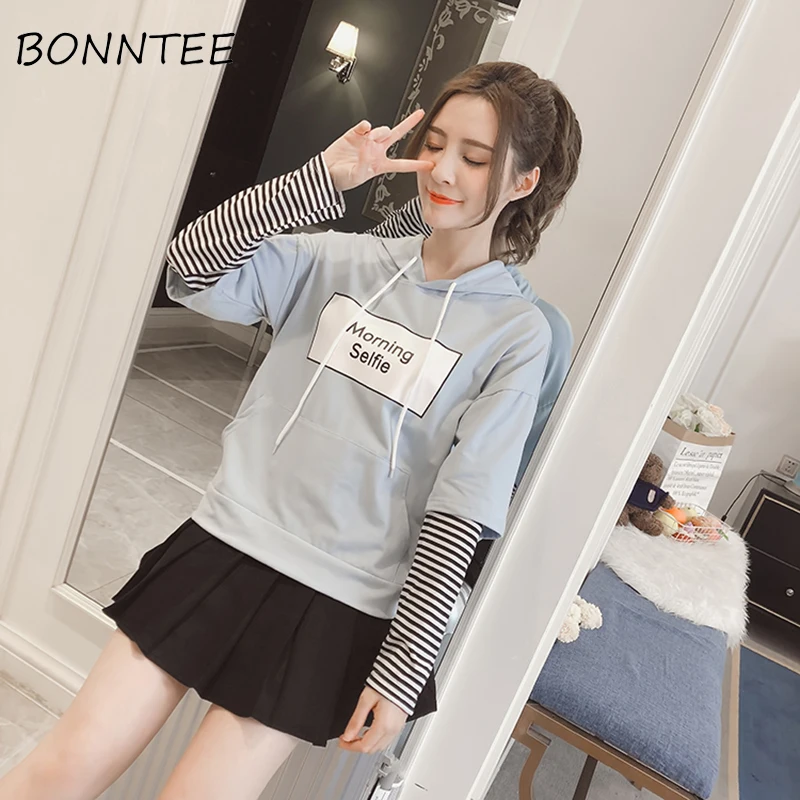 

Hoodies Lovely Women Fake Two Piece Pullover Womens Trendy Cute Girls Korean Style Sweatshirts Hooded Big Pocket Printing New