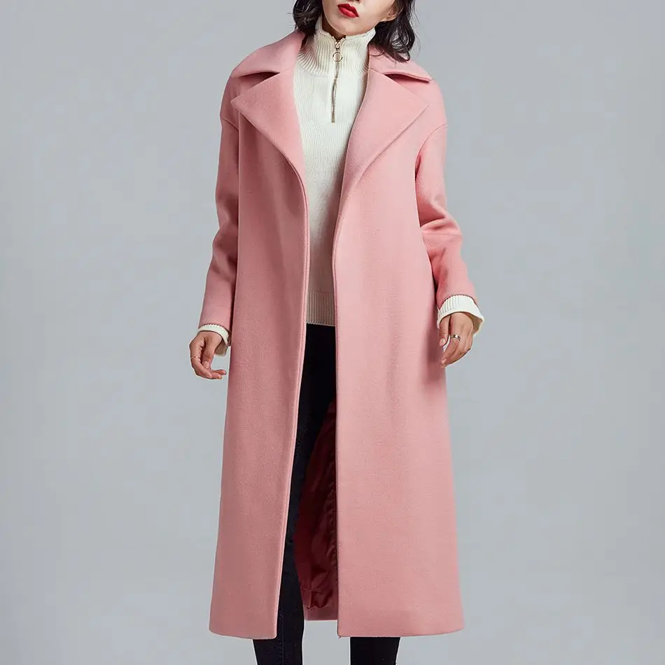 2018 Women Fashion Coat Long Wool Blends Black Pink Overcoat Womens Long Sleeve Wool Coats High Quality Fashion Trench Coat