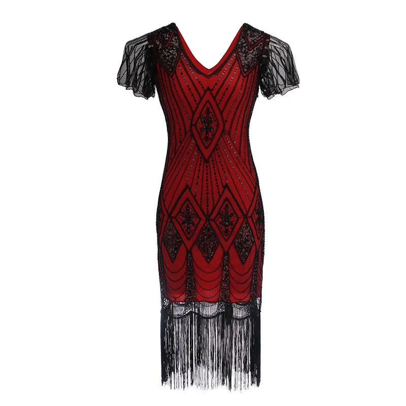 Great Gatsby Party Dress Women 1920s Dress Sexy Short Sleeve V-Neck Embroidery Fringe Sequin Beaded Tassels Hem Flapper Dress (4)