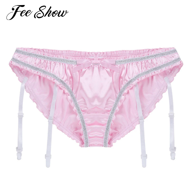 FEESHOW Mens Shiny Ruffled Satin Lingerie Sissy Triangle Underwear with Garters 