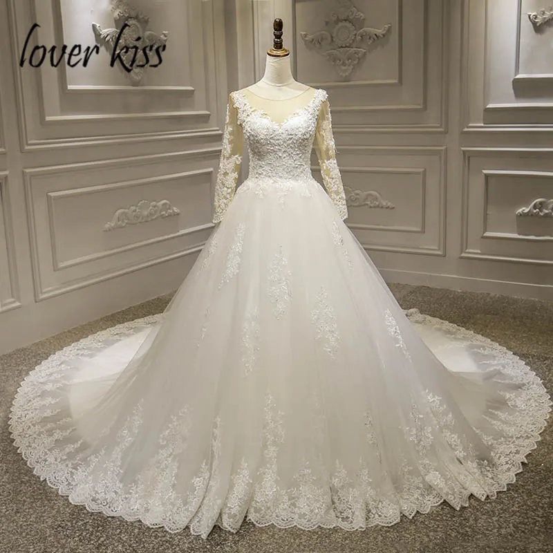 

Lover Kiss Vestido de casamento Sheer Long Sleeve Wedding Dress Luxury Beaded Lace Bridal Wedding Ball Gowns Vestido De Noiva