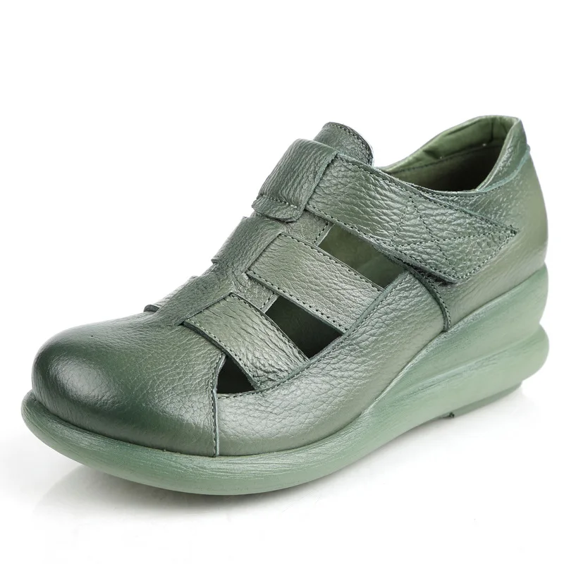 preço 2018 Novos Chegada das Mulheres Sandálias de Couro Genuíno Cunhas Sapatos Flats Dedo Do Pé Redondo Salto Grosso Feminino Roma Verão Sandálias de Plataforma