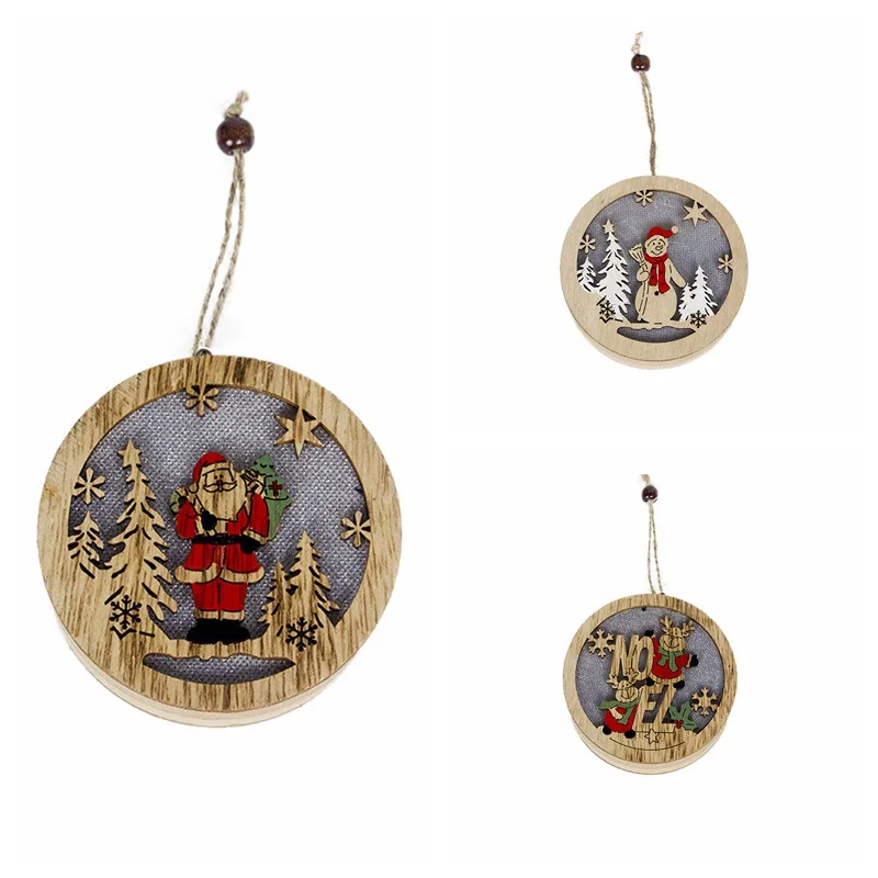 Round Santa Claus Ornaments Christmas LED Light Hanging Decor Tree Wood Luminous Decoration Kid Gifts|Кулоны и подвески| |