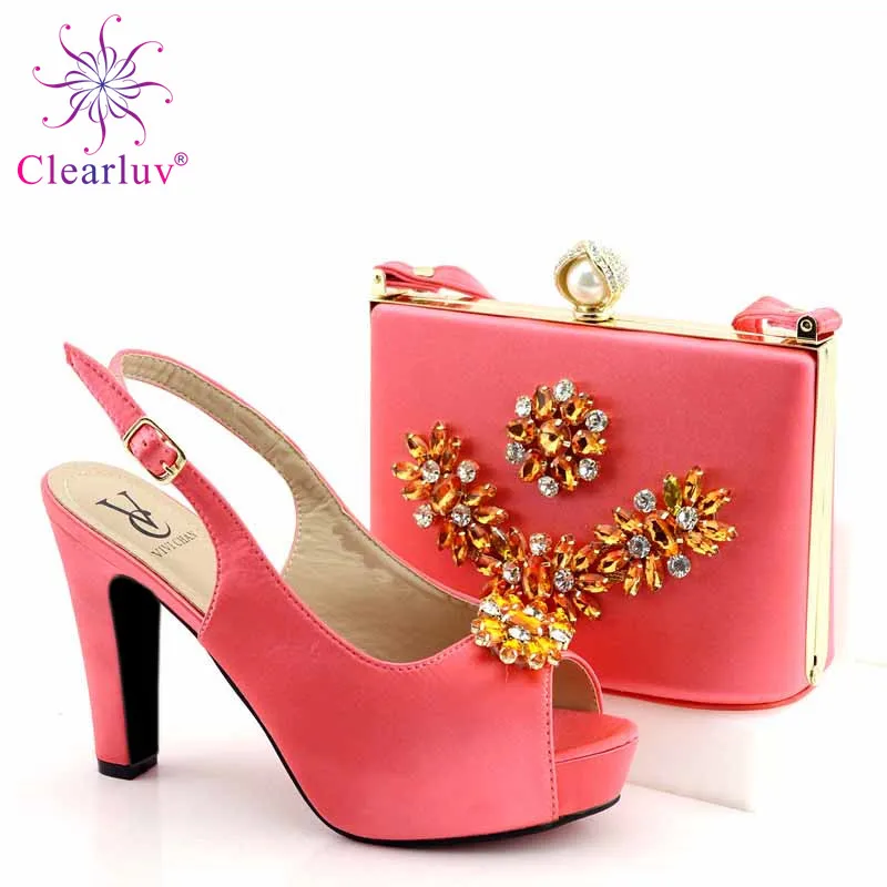 

2019 New Italian Style High Heels Pink Color African Shoe and Bag Set for Party In Women Italian Shoes with Matching Bag Sets
