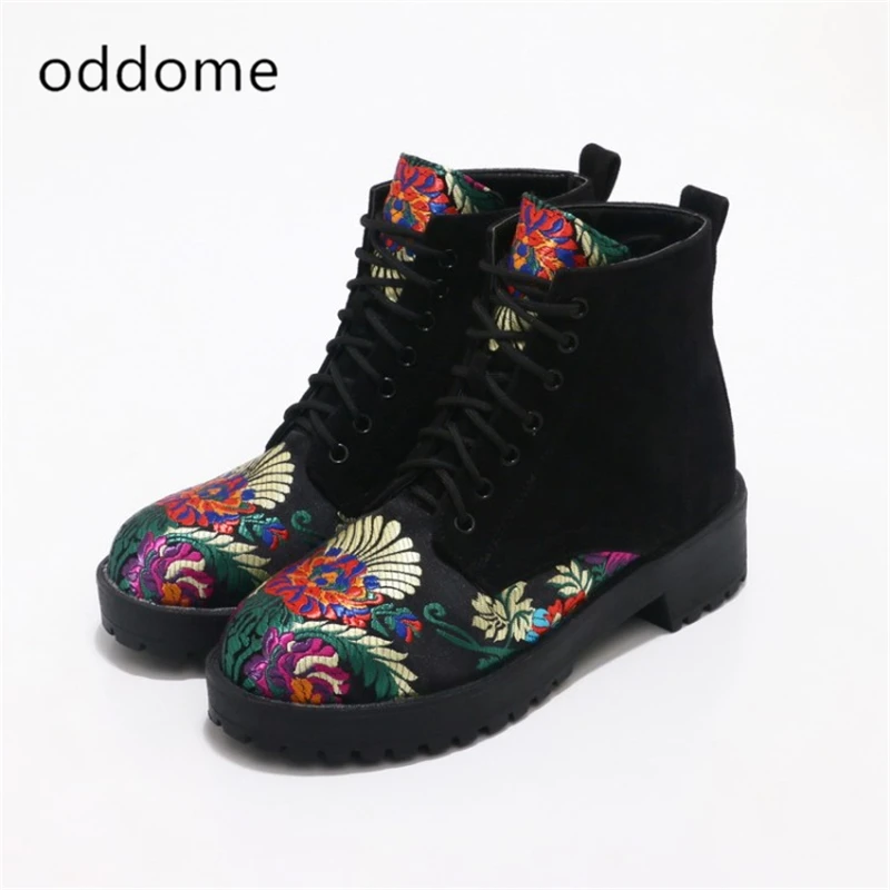 

Vintage Ethnic Embroidery Winter Ladies Black Heels Ankle Boots Sexy Fashion Lace Women Embroidery Boots woman plus size 33-44