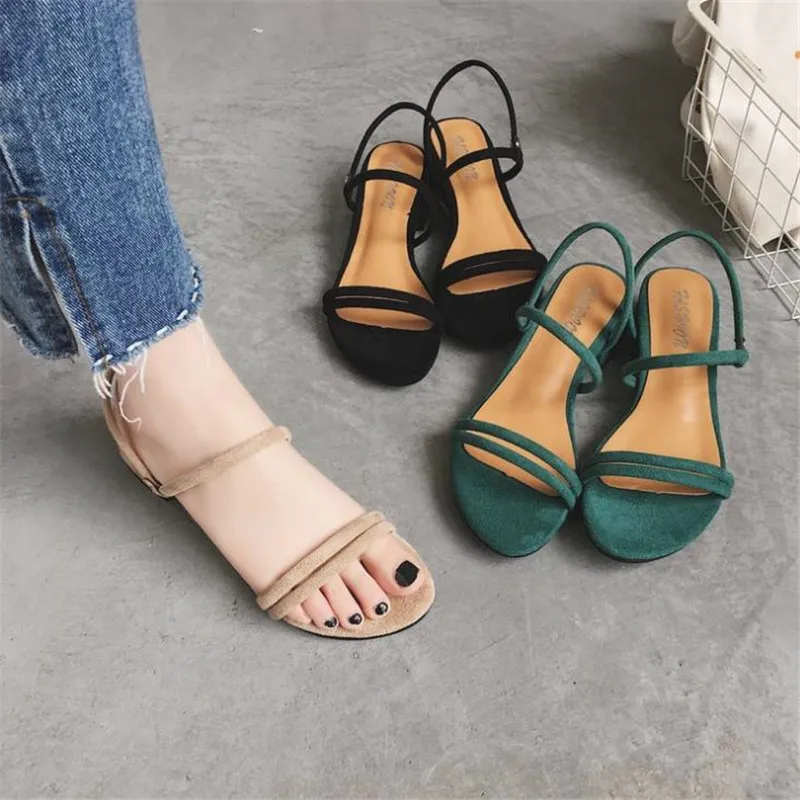 

Dropshipping 2019 New Female Sandals Low-heeled Sandals Open-toed Suede Rough with Ankle Strap Square Heel Women Sandals Mujer