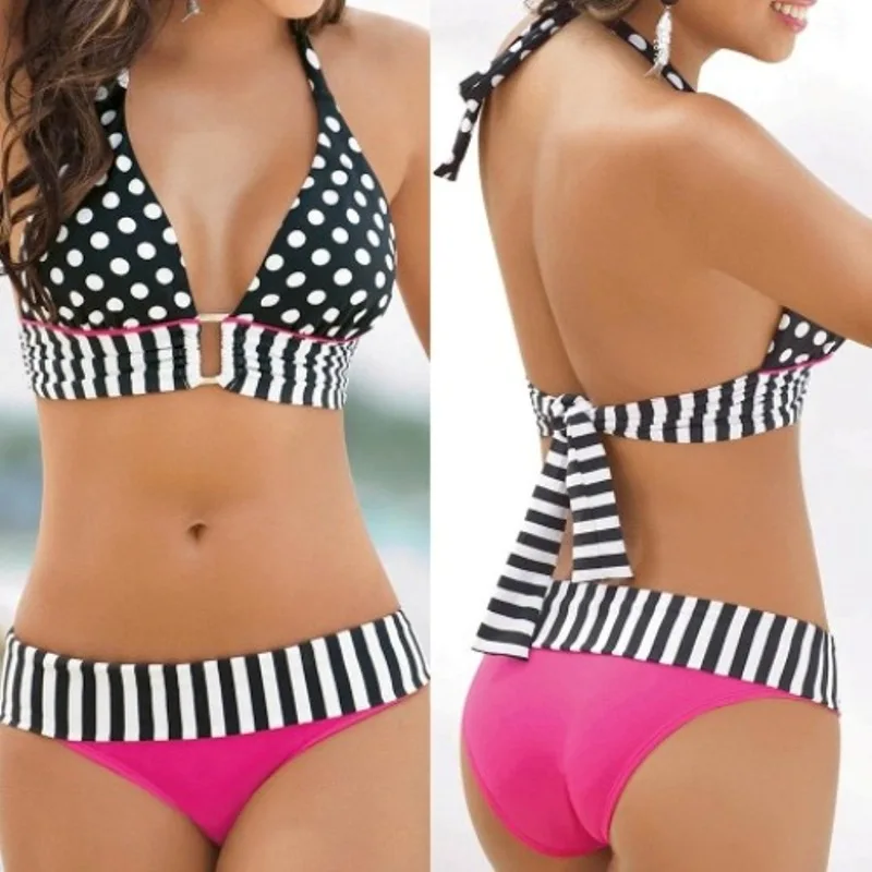 

P&j Sexy Women Bikini Set Contrast Color Block Underwire Halter High Waist Bottom Beach Large Size Swimwear Swimsuit Bathing