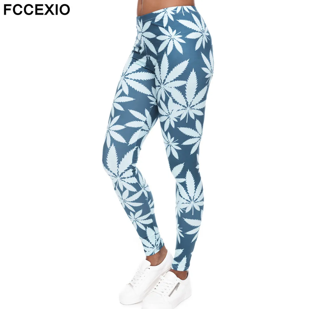 

FCCEXIO Fashion Leggings Mint Weed Printing Fitness Legging High Stretch Leggins High Waist Slim Sexy Legins Trouser Women Pants