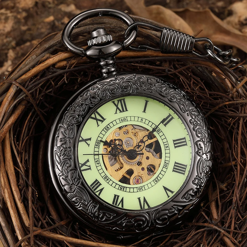 Ретро Черный Hollow каркасного Механические карманные часы мужские часы брелок талии цепи световой римские цифры Рука Ветер механические