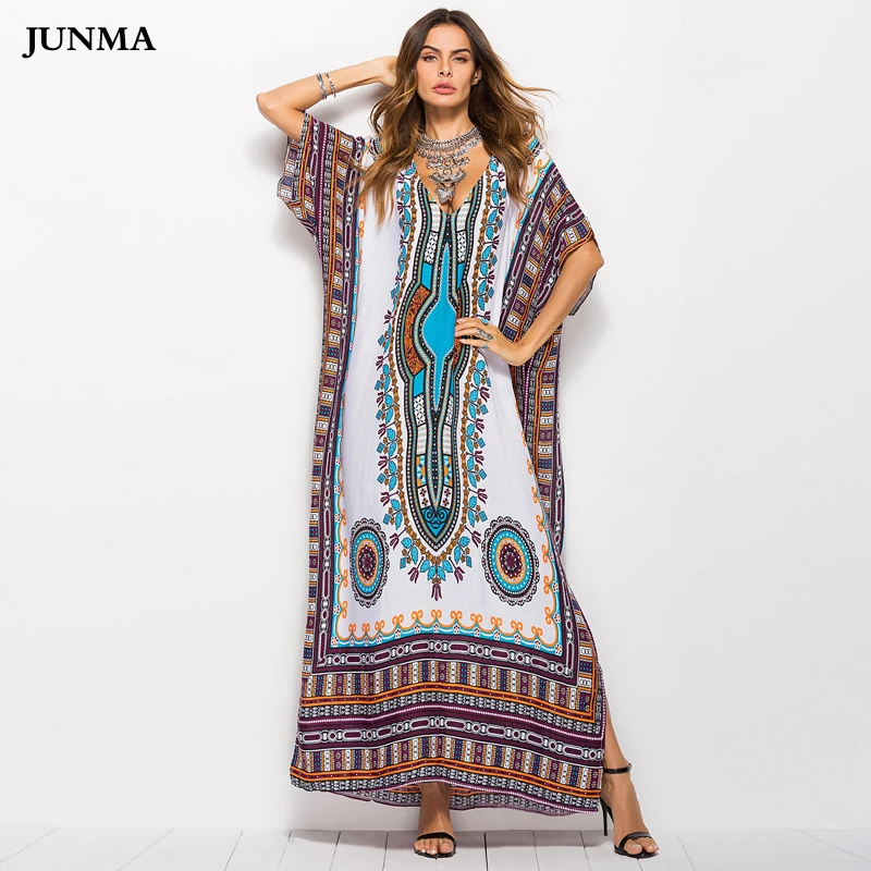 

Oversize Print V-neck Short Sleeve Summer Causal Beach Dress Plus Size Tunic Women Beachwear Batwing Sleeve Long Dress