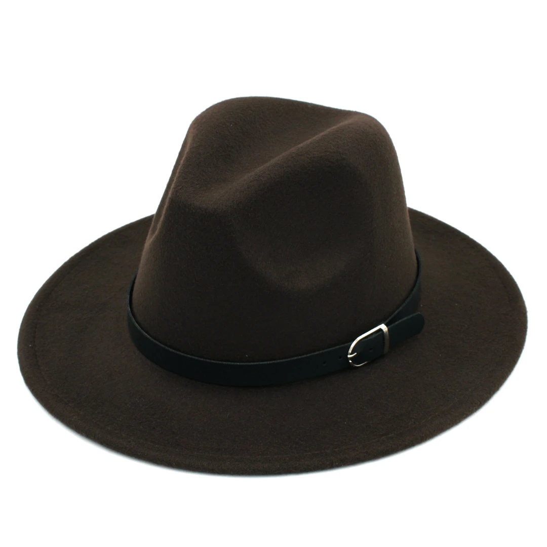 LUCKYLIANJI ретро сплошной цвет для мужчин женщин шерсть фетр Панама котелок шляпа шляпка с узкими полями черный кожаный ремешок(один размер: 57см-us 7 1/8