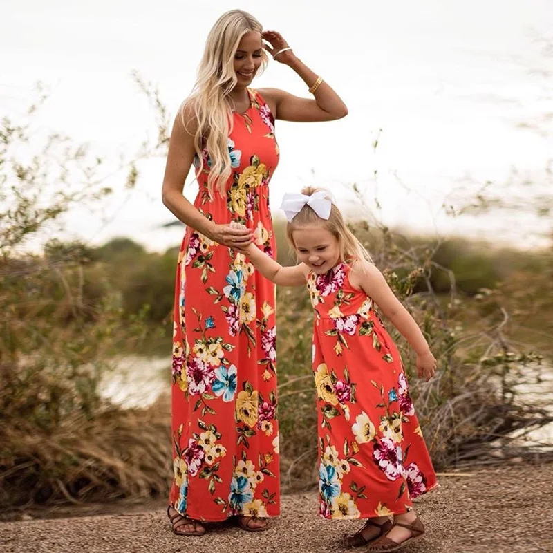 

Family Matching Outfits European America Style Mother & Baby Sleeveless Floral Printed Dress Long Dresses Clothes Long skirts