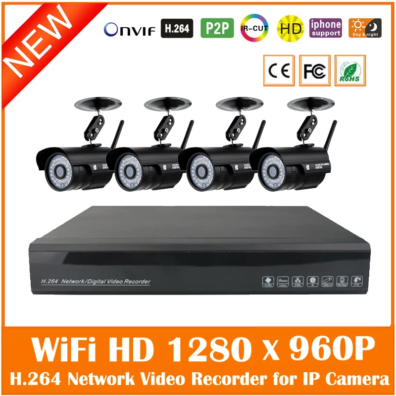 4ch Cctv System 960p Nvr 4pcs 1.3mp Ir Outdoor Wifi Bullet Ip Camera Wireless Security Surveillance Kit Waterproof Hot Sale