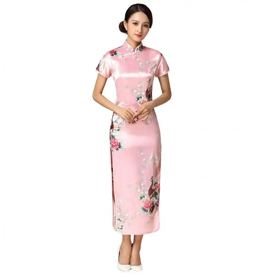 

PINK Sexy Women Satin Long Cheongsam Oriental Bride Wedding Party Dress Slim Vestidos Vintage Handmade Button Qipao S-6XL