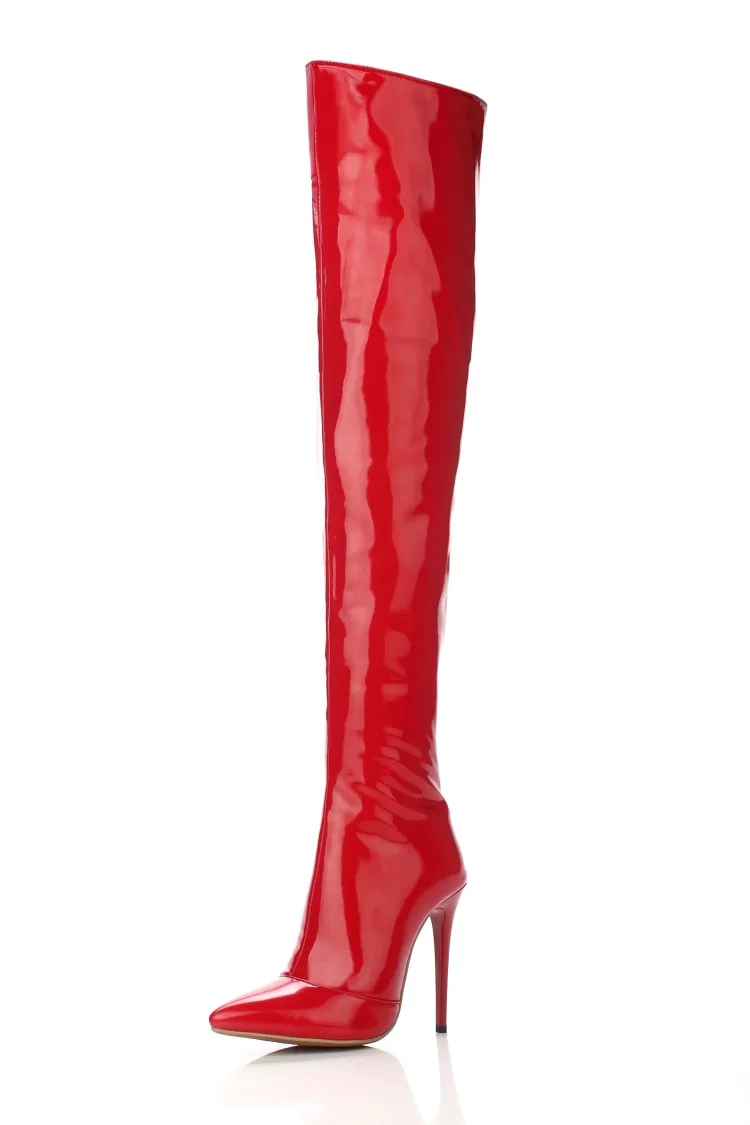 Г. Осенняя пикантная женская обувь выше колена сапоги из лакированной кожи на высоком каблуке, с острым носком, на молнии сбоку, до бедра, длинный стебель, танцевальная обувь черного цвета - Цвет: red