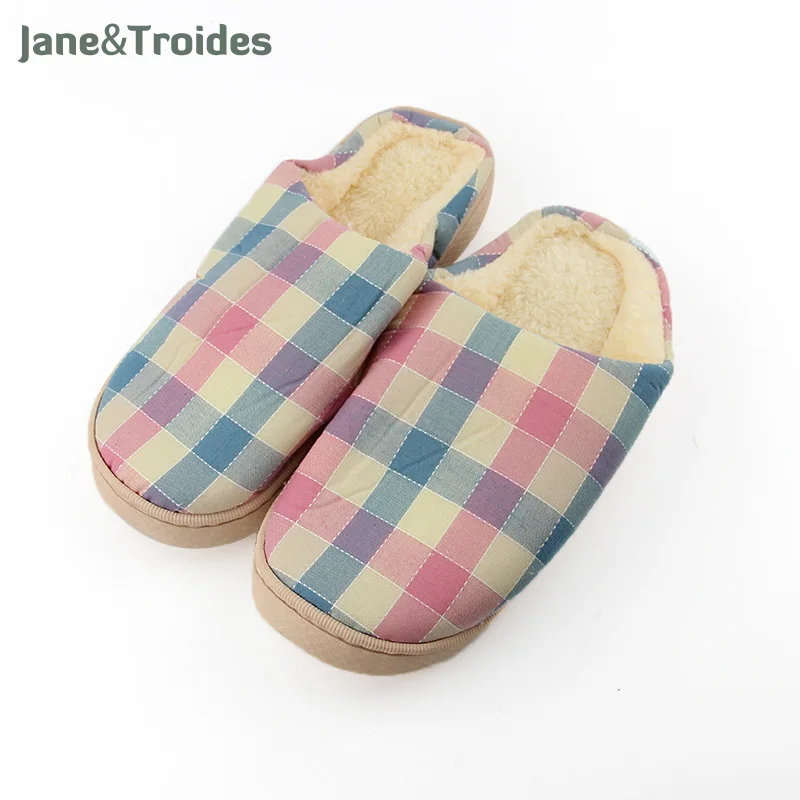 

Winter Fluffy Warm Women Home Slippers Plaid Thicken Anti Slip Flip Flops Short Plush Indoor Comfortable Fashion Woman Shoes