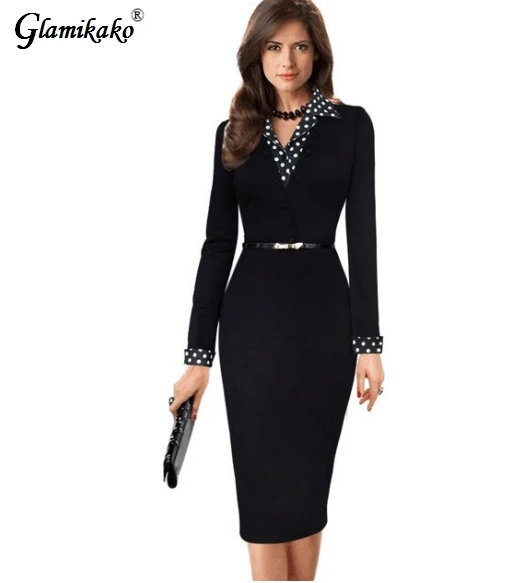 

Glamikako Women Elegant Long Sleeve Turn-down Collar Long Sleeve Shashes Dresses Ladies Solid Office Pencil Knee Length Dresses