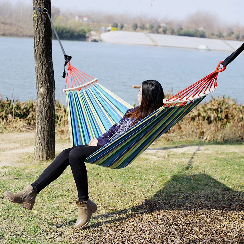 Outdoor Furniture Canvas Fabric Double Wood Spreader Bar Stick Hammock Tent Outdoor Camping Swing Hanging Two-person Hammock Bed