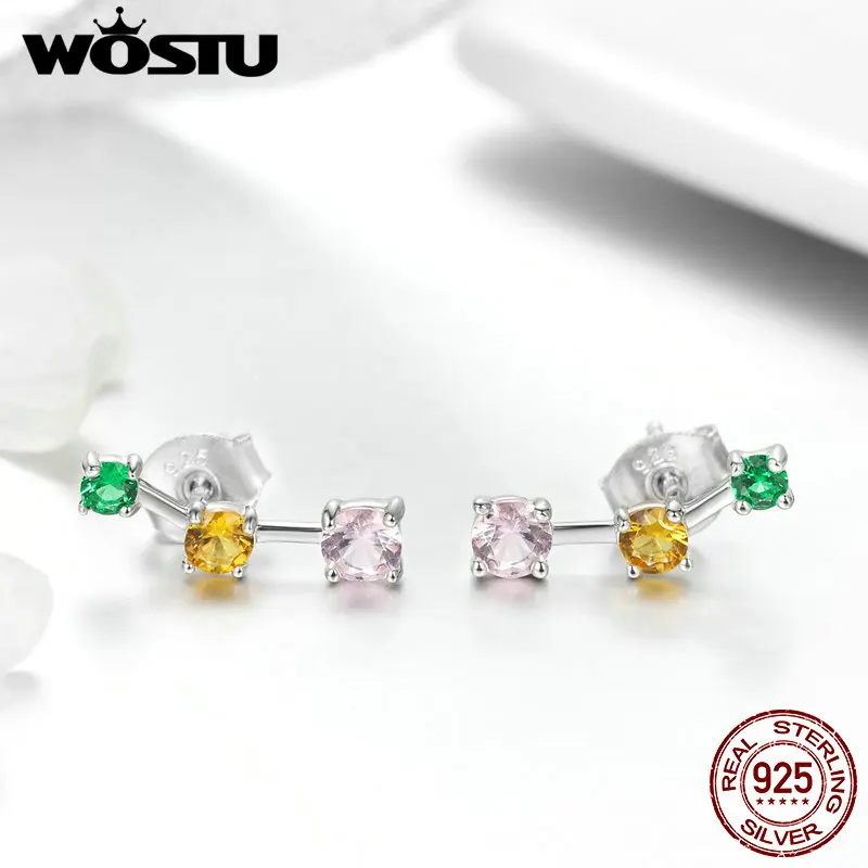 

WOSTU Real 925 Sterling Silver Colorful Neon Stud Earrings Zircon Dangle Long Earrings For Women Party Wedding Jewelry BKE495