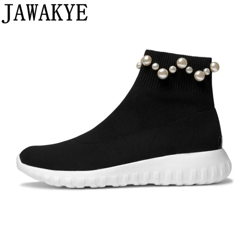 Knitted stretch Ankle Boots for women stripe pearled platform Flat heels sneakers Socks Shoes Female Booties 2018 casual shoes Knitted stretch Ankle Boots for women stripe pearled platform Flat heels sneakers Socks Shoes Female Booties 2018 casual shoes