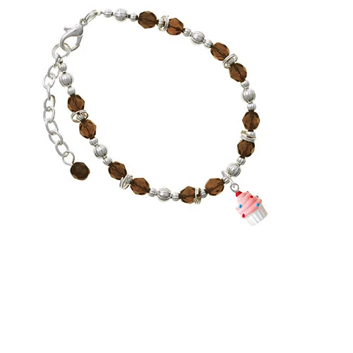Resin Mini White Cupcake with Pink Frosting Brown Beaded Bracelet