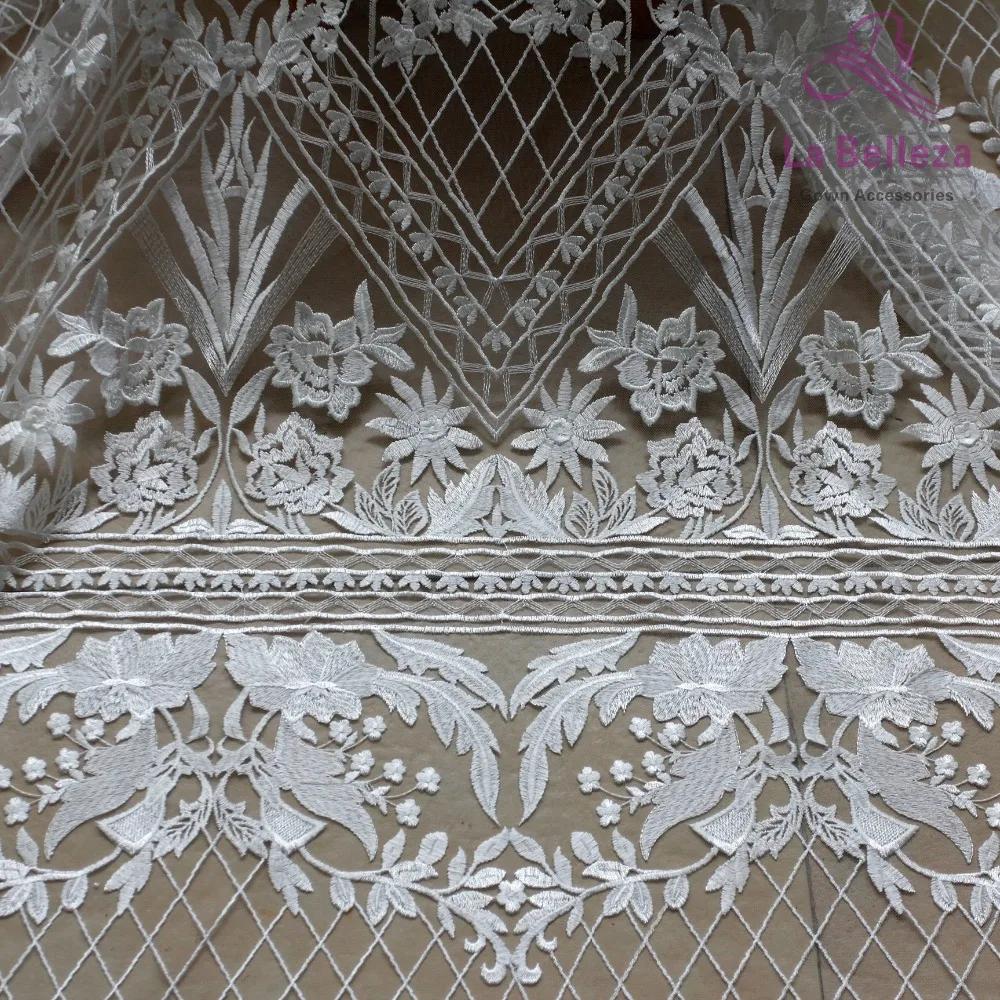 La Belleza белый полиэстер на сетке Вышитые свадебное платье кружевной ткани 130 см ширина для 1 ярд