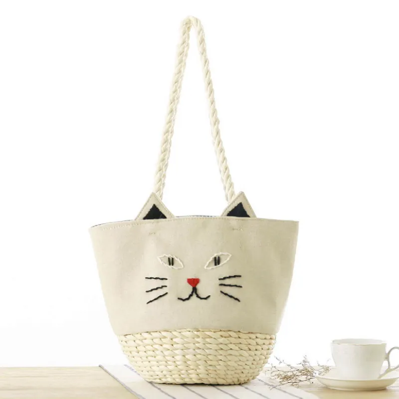 

2019 Handmade Cute Cat Bucket Bags Summer Beach Bag Weaving Handbags Large Capacity Ladies Straw Bag Wrapped Bags Female Bolsas
