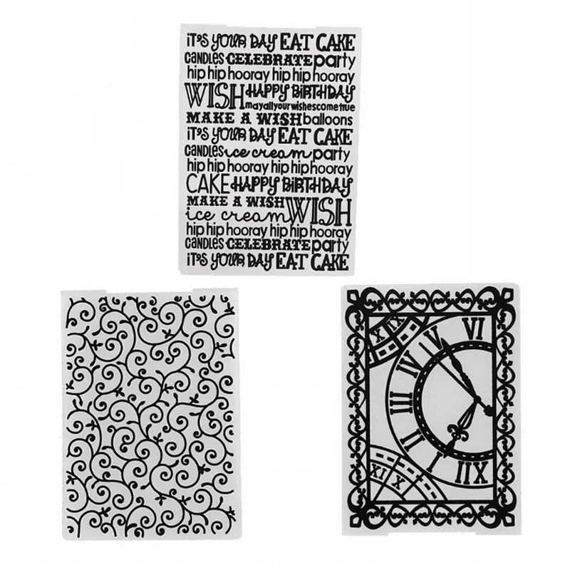 

3 Styles Plastic Embossing Folder Lace English Clock Scrapbooking Photo Album Card DIY Plastic Template Embossing Cake Mold