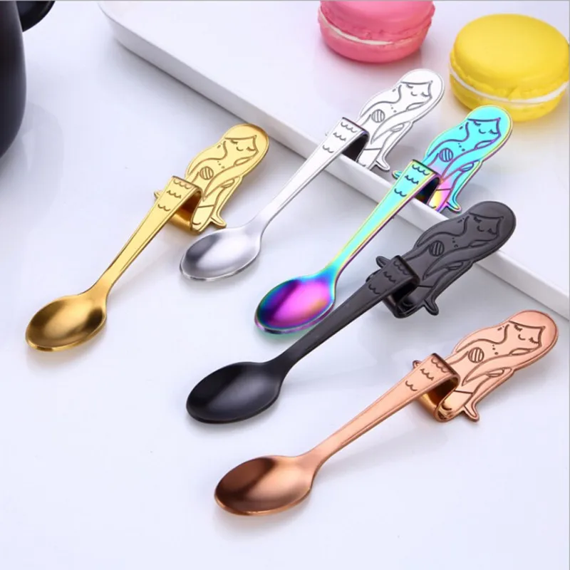

Creative Stainless Steel Mermaid Coffee Stirring Spoon Hanging Cup Spoon Color Jam Spoon Kitten Coffee Spoon