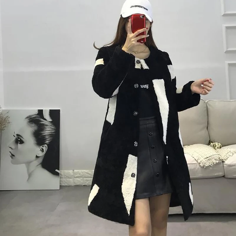 

2018 new female real wool long section slim sheep shearing stitching coat