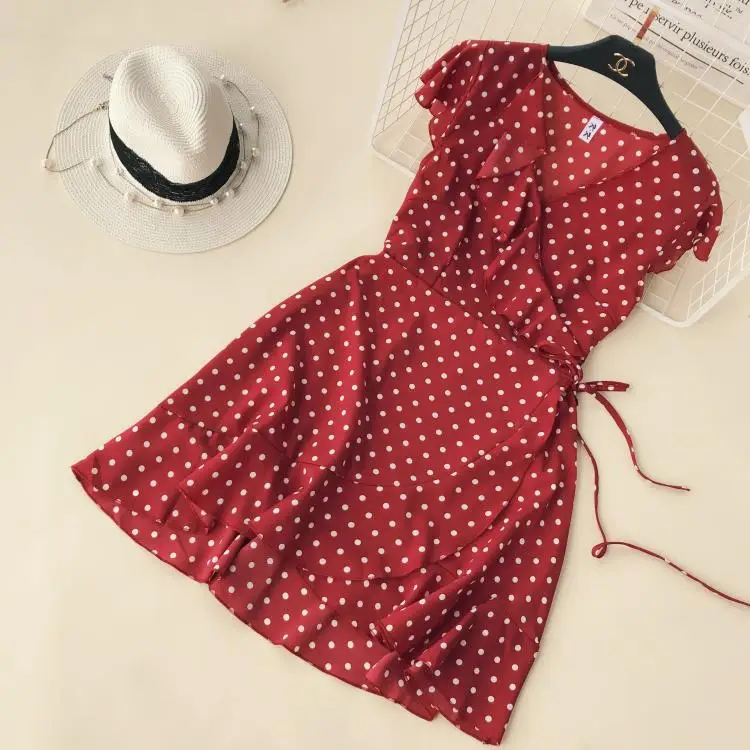 

Women Dresses Summer Clothes New One-piece Ruffles V Neck Dot Printing Dress Red White Short Sleeve Female Clothing