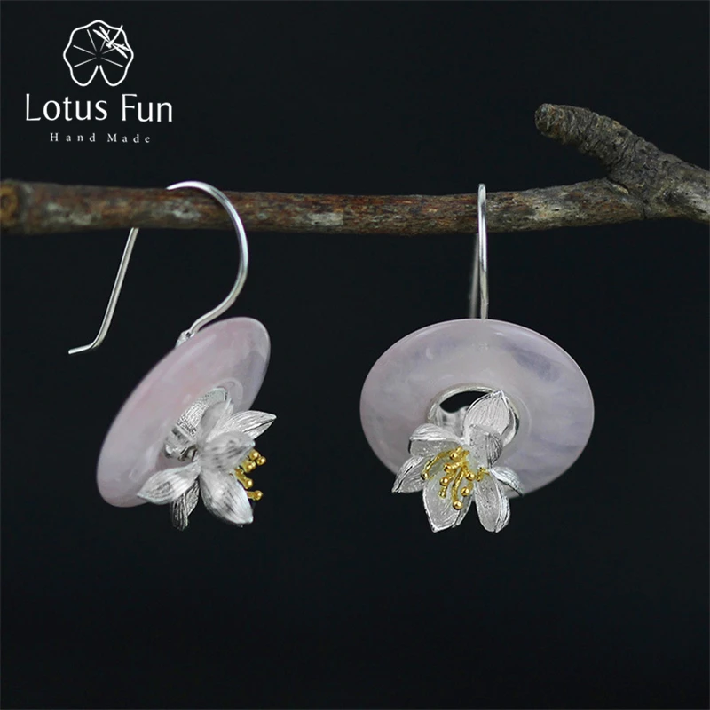 

Lotus Fun Real 925 Sterling Silver Natural Stone Creative Handmade Fine Jewelry Lotus Whispers Dangle Earrings for Women Brincos