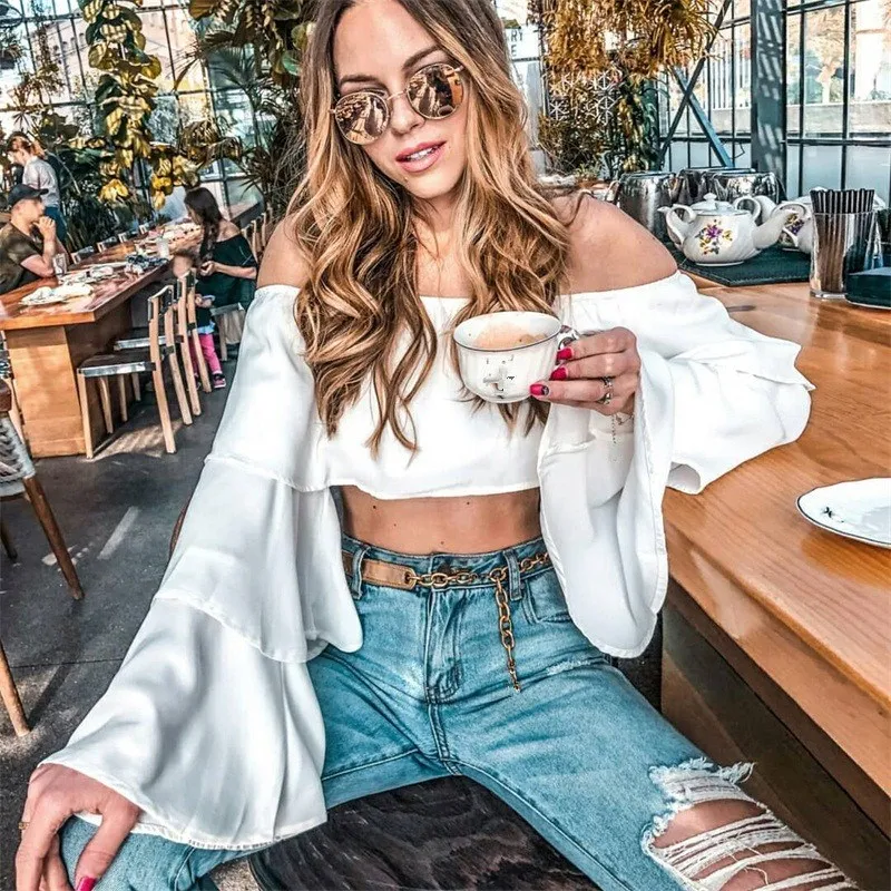 2018 Autumn Women White Off Shoulder Chiffon Shirts Slash Neck Flare Sleeve Sexy Tees Casual Long Sleeve Ruffle Crop Tops Blouse Blouses