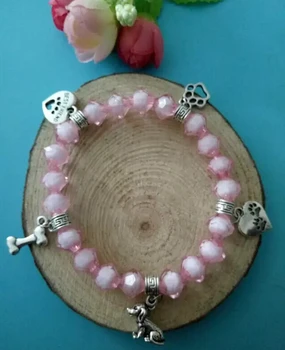 

HOT!! Fast delivery Heart Dog-Bones-Dog Paw Pendant Pink Crystal Beaded Protection Spiritual Stretchy Bracelets&Bangle Jewelry