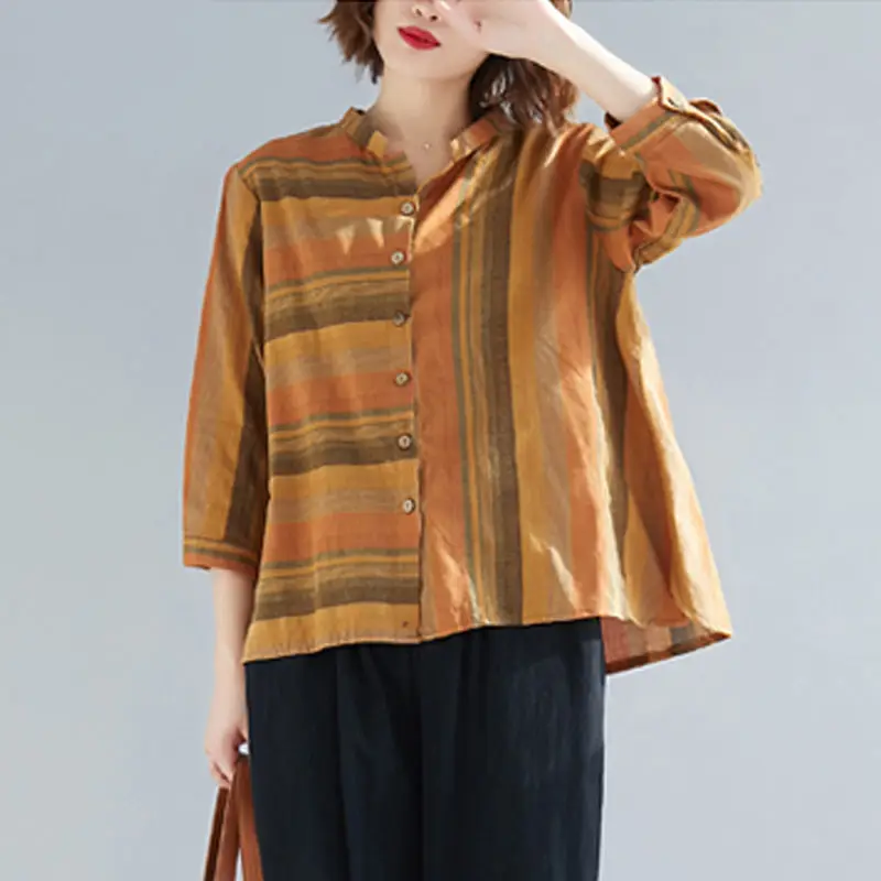 

Plus Size Women Blouse and Shirts Lady Linen Tops Spring Summer Striped Vintage Loose Female Clothes Casual Cardigan f1182