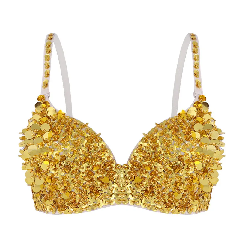 YiZYiF Sequins Bra Women Fashion Sparkle Sequins Beading Padded Bra Top for Raves Dances Club Wear Belly Dancing Sexy Bra Party - Цвет: Gold