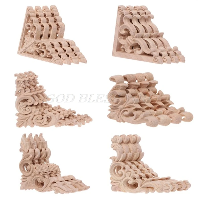 4pcs/set Wood Carved Corner Onlay Applique Unpainted Frame Decal For Home Furniture Decor 6x6cm