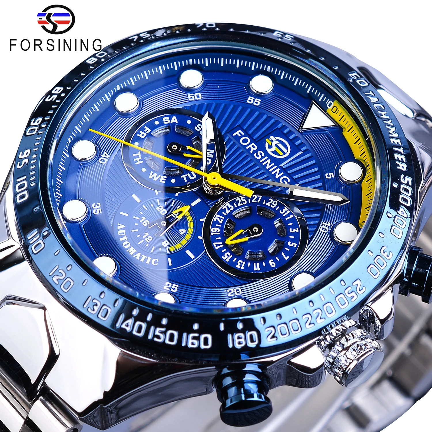 

Forsining Blue Mens Watches Sport Steel Band 3 Sub Dial Date Week Waterproof Automatic Mechanical Watch Clock Relogio Masculino