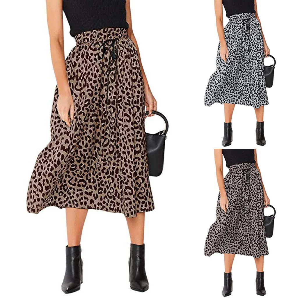 

Long Leopard Skirt Woman Chiffon Skirts Plus Size Leopard Print Drawstring Pleated Elastic High Waisted Bohemian Maxi Skirt Z4
