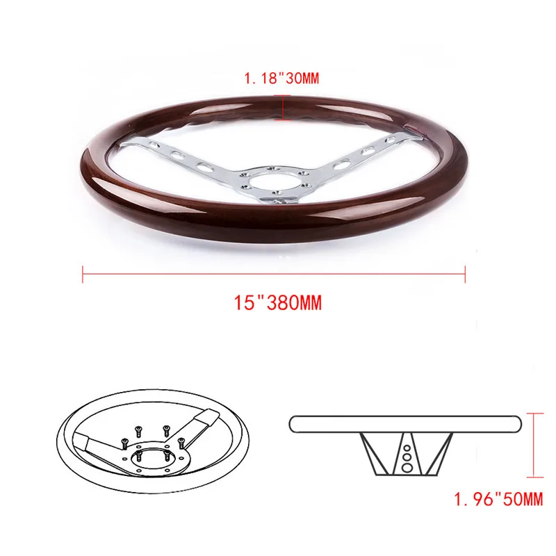 15 дюймов 380 мм рулевое колесо классическое Спортивное деревянное зернистое серебряное матовое спицевое хромированное рулевое колесо RS-STW015