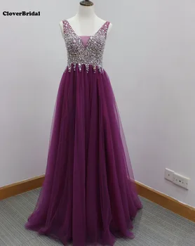 

Actual photos tule uma linha de lantejoulas perolas pedras frisado backless sexy vestido de formatura longo rosa vermelha roxo