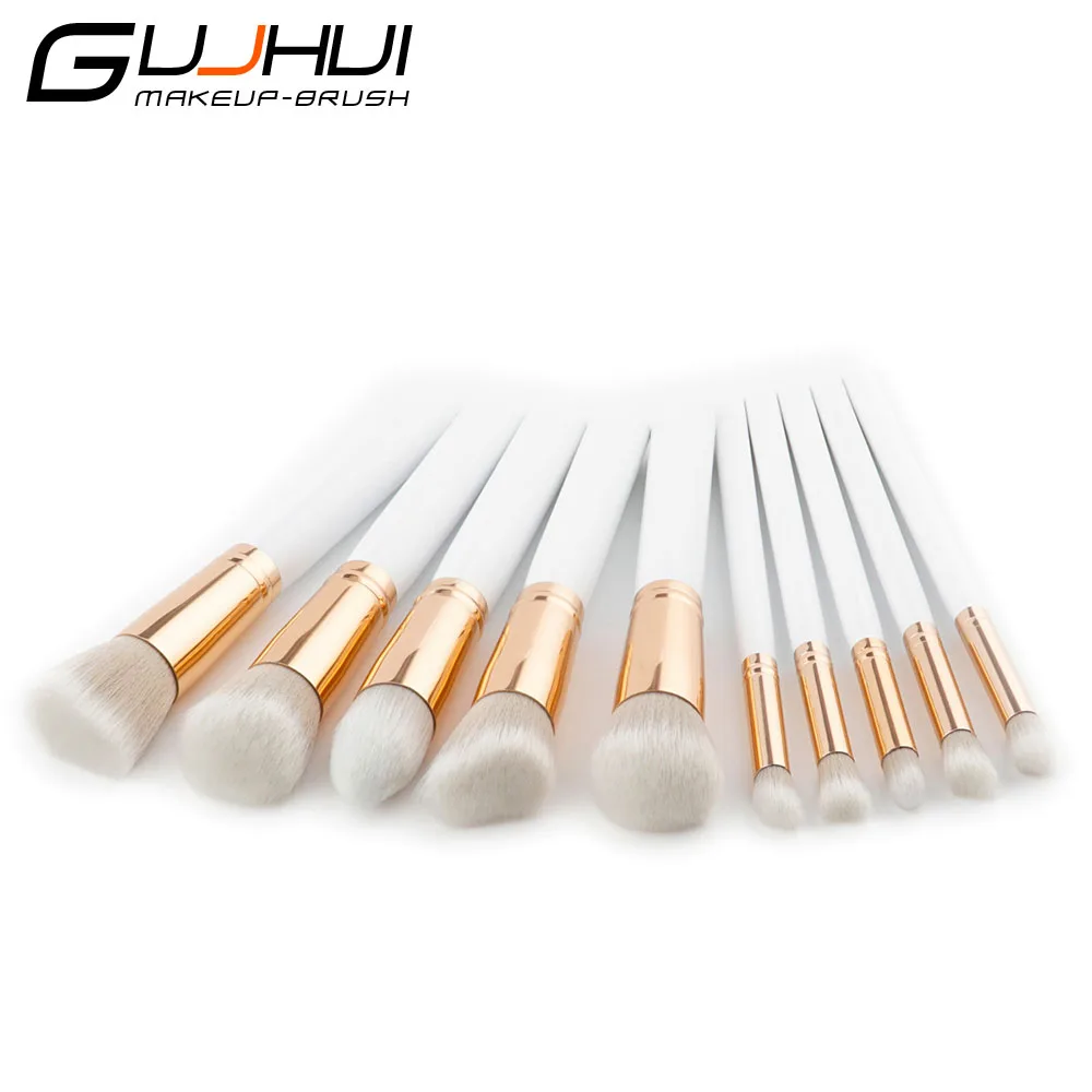 High Quality 10Pcs White Gold Makeup Brushes Set Powder Foundation