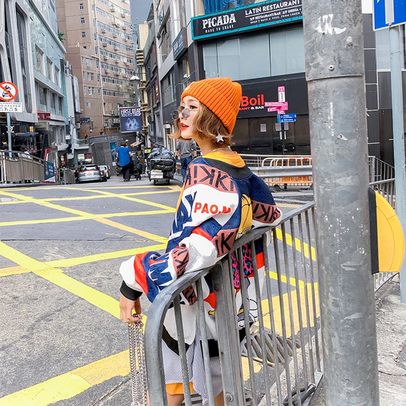 2019 Spring fashion letter cartoon print loose jackets women patch designs long jackets