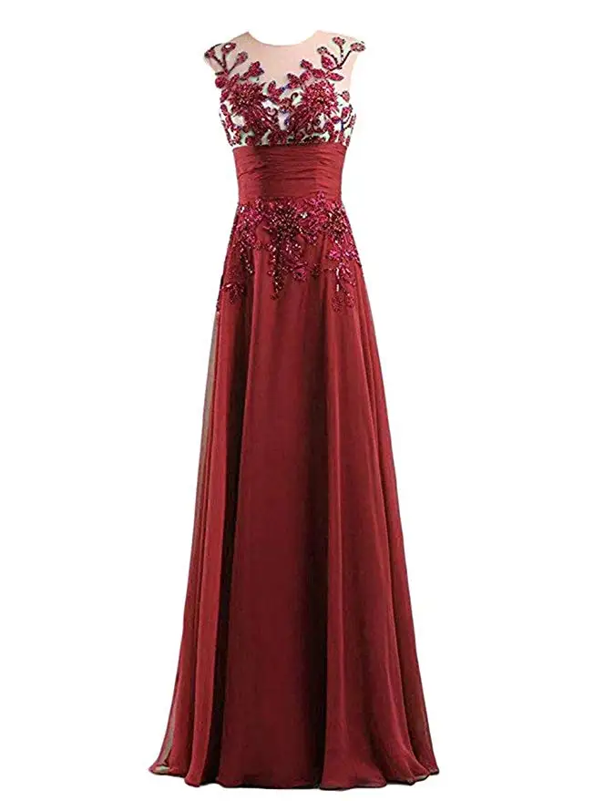 

2019 Women's A-line Sleeveless Evening Party Dresses Hand-Sewn Decals Formal Chiffon Dress Abiti Da Cerimonia Da Sera