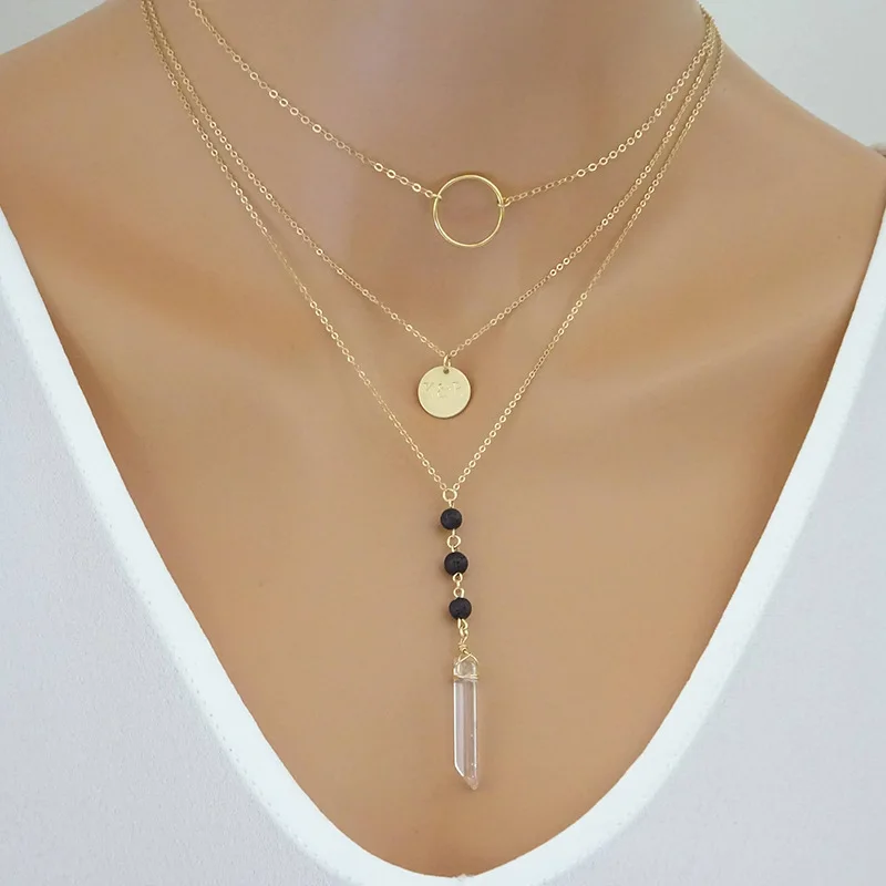 

10pcs) Lava Stone Essential Oil Diffuser Necklace Aromatherapy Jewelry Lava Stone Crystal Multi-layer chain Diffuser Necklace