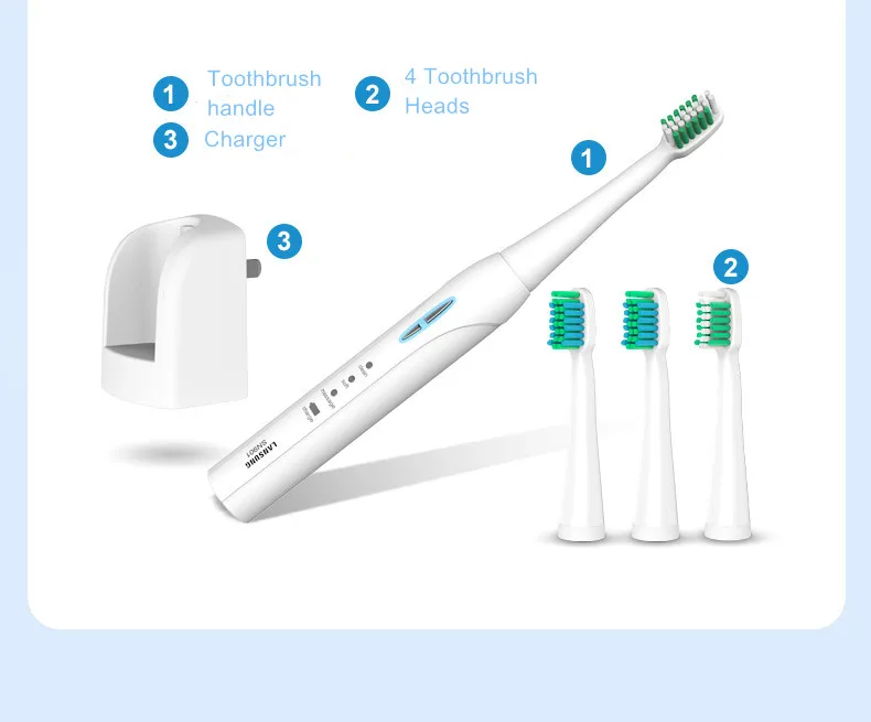 LANSUNG SN901 ультра звуковая электрическая зубная щетка, перезаряжаемые зубные щетки с 4 сменными головками, 2 минуты, щетка с таймером