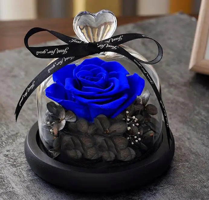 Beauty beast eternal flower gift box glass cover rose DIY Christmas gift birthday gift for girlfriend wedding souvenir - Цвет: Синий