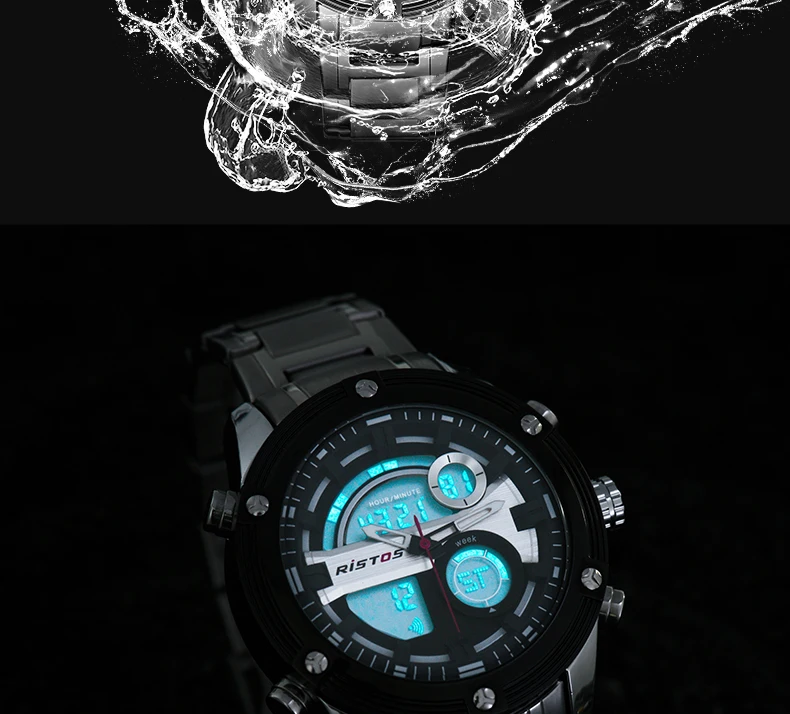 RISTOS многофункциональный хронограф мужские спортивные часы из нержавеющей стали цифровые модные наручные часы Военные Relojes Masculino 9340